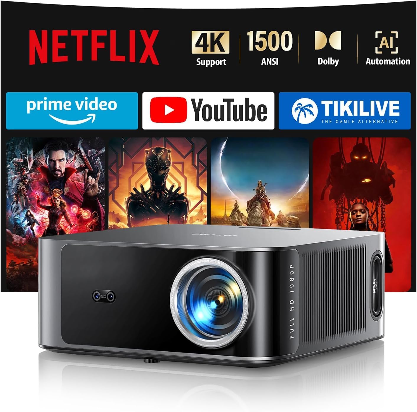 1500 ANSI/36W Dolby Audio/Built-in APPs] Smart-Projector-4K with